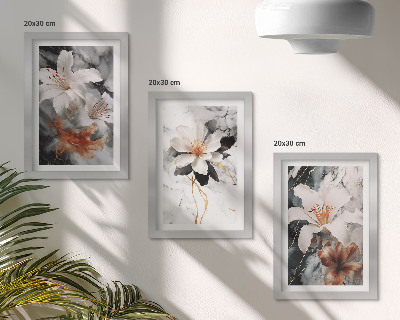 Bilderwand Blumen auf Marmorgrund in Weiß- und Schwarztönen