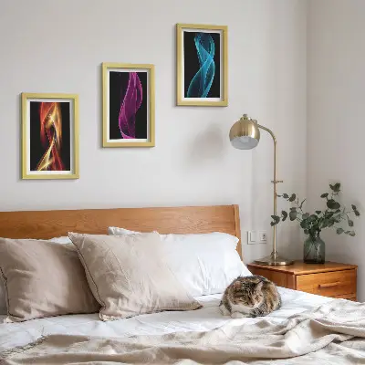 Wellen aus bunten Neonlinien auf dunklem Hintergrund Bilderset mit Rahmen