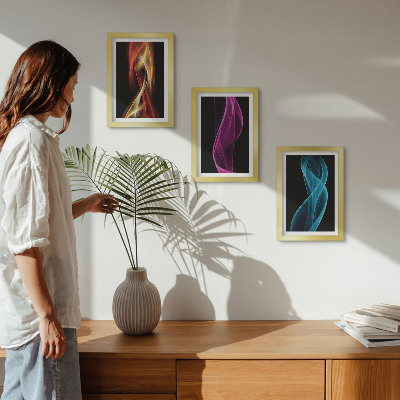Bilderset mit rahmen Wellen aus bunten Neonlinien auf dunklem Hintergrund