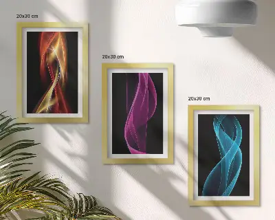 Wellen aus bunten Neonlinien auf dunklem Hintergrund Bilderset mit Rahmen