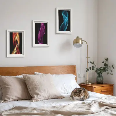 Wellen aus bunten Neonlinien auf dunklem Hintergrund Bilderset mit Rahmen