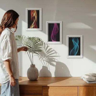 Wellen aus bunten Neonlinien auf dunklem Hintergrund Bilderset mit Rahmen