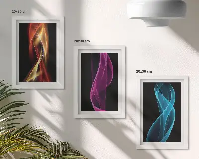 Wellen aus bunten Neonlinien auf dunklem Hintergrund Bilderset mit Rahmen