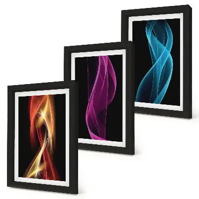Wellen aus bunten Neonlinien auf dunklem Hintergrund Bilderset mit Rahmen