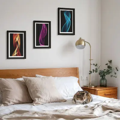 Wellen aus bunten Neonlinien auf dunklem Hintergrund Bilderset mit Rahmen