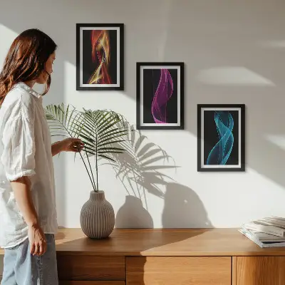 Wellen aus bunten Neonlinien auf dunklem Hintergrund Bilderset mit Rahmen