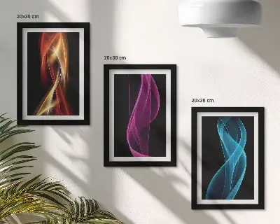 Wellen aus bunten Neonlinien auf dunklem Hintergrund Bilderset mit Rahmen