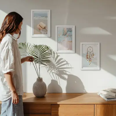 Bilderwand mit abstraktem Meeresmotiv und Boho-Traumfänger