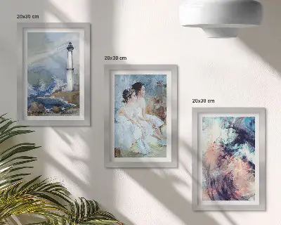 Bilderwand mit gemaltem abstrakten Leuchtturm und Tänzer