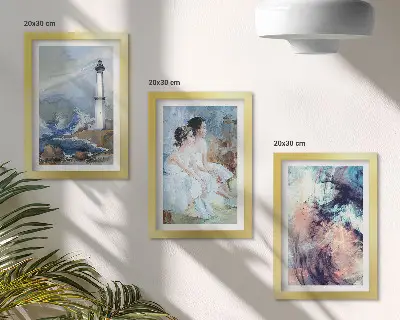 Bilderwand mit gemaltem abstrakten Leuchtturm und Tänzer