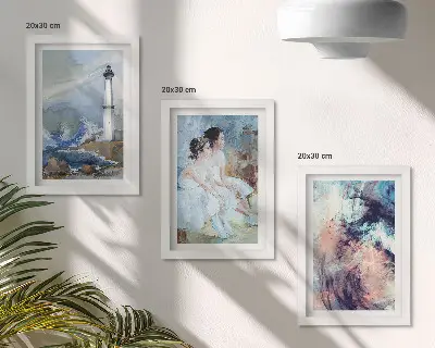 Bilderwand mit gemaltem abstrakten Leuchtturm und Tänzer