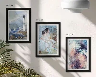 Bilderwand mit gemaltem abstrakten Leuchtturm und Tänzer