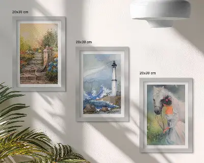 Bilderset mit Rahmen mit Naturlandschaften, Leuchtturm und Mädchen mit Pferd