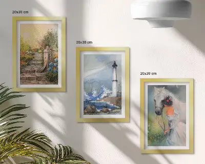Bilderset mit Rahmen mit Naturlandschaften, Leuchtturm und Mädchen mit Pferd