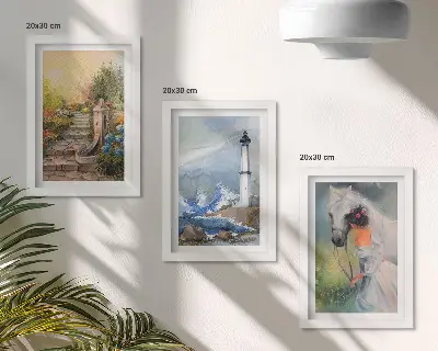 Bilderset mit Rahmen mit Naturlandschaften, Leuchtturm und Mädchen mit Pferd