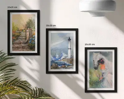 Bilderset mit Rahmen mit Naturlandschaften, Leuchtturm und Mädchen mit Pferd