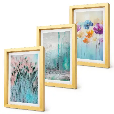 Fotowand mit Blumen vor einem Hintergrund aus Pastellfarben und zarten Mustern