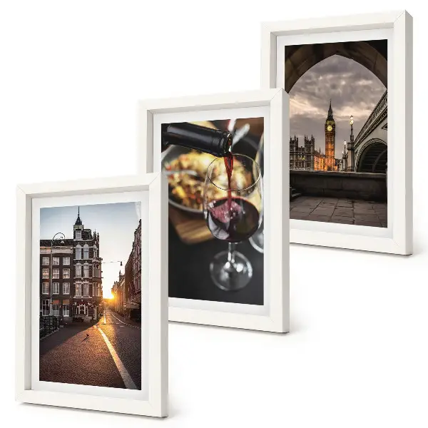 Bilderwand mit einer Stadt, Essen und einer Ansicht von London