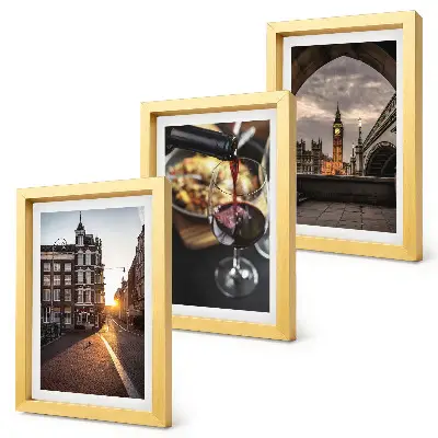 Bilderwand mit einer Stadt, Essen und einer Ansicht von London