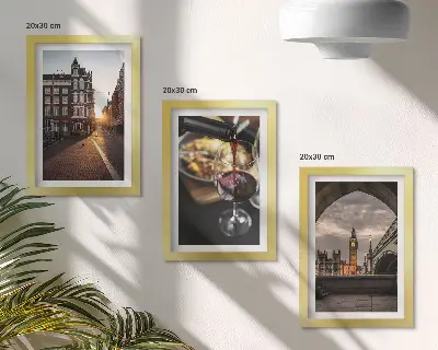 Bilderwand mit einer Stadt, Essen und einer Ansicht von London