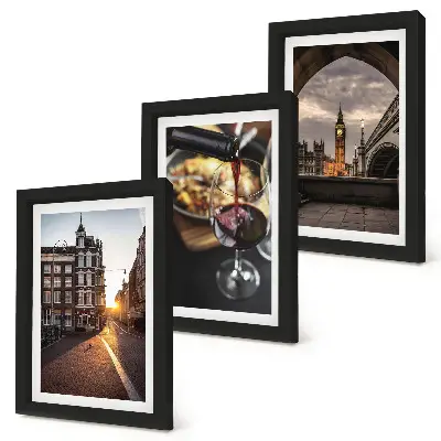 Bilderwand mit einer Stadt, Essen und einer Ansicht von London