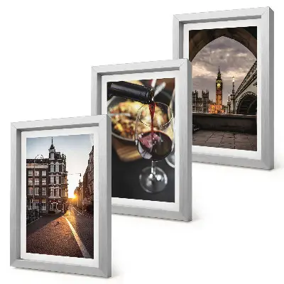 Bilderwand mit einer Stadt, Essen und einer Ansicht von London
