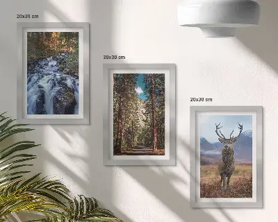 Bilderset mit Rahmen Wasserfall im Wald mit Bergen und Hirschen in der Natur