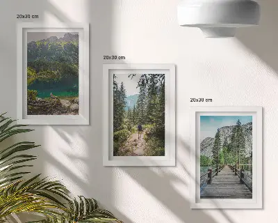 Bilderwand mit Motiven von Bergen, Seen, Wäldern und Waldwegen