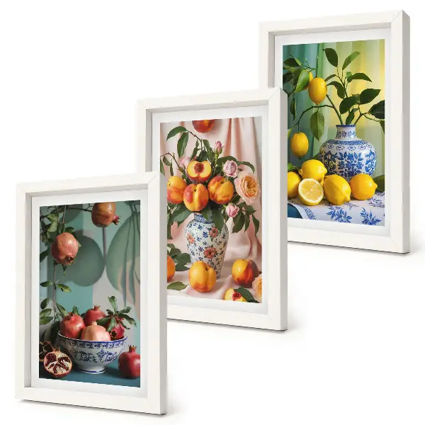 Bilderwand mit Motiv Granatäpfel, Pfirsiche und Zitronen in Vasen