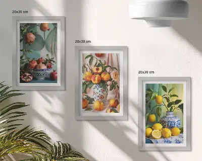 Bilderwand mit Motiv Granatäpfel, Pfirsiche und Zitronen in Vasen