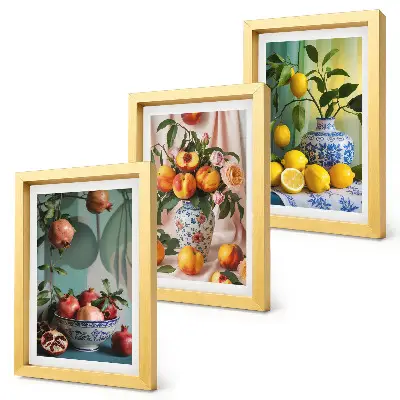 Bilderwand mit Motiv Granatäpfel, Pfirsiche und Zitronen in Vasen
