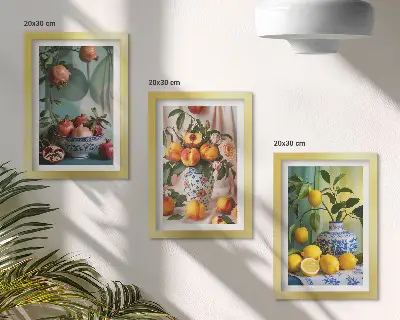 Bilderwand mit Motiv Granatäpfel, Pfirsiche und Zitronen in Vasen