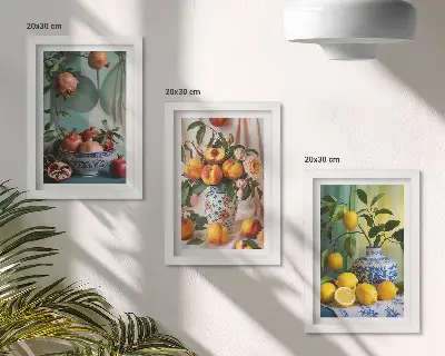 Bilderwand mit Motiv Granatäpfel, Pfirsiche und Zitronen in Vasen
