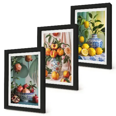 Bilderwand mit Motiv Granatäpfel, Pfirsiche und Zitronen in Vasen