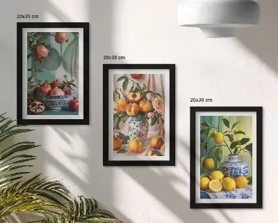 Bilderwand mit Motiv Granatäpfel, Pfirsiche und Zitronen in Vasen