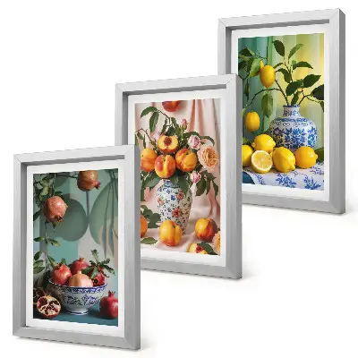 Bilderwand mit Motiv Granatäpfel, Pfirsiche und Zitronen in Vasen