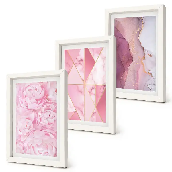 Bilderset mit Rahmen rosa Pfingstrosenblüten mit geometrischem Muster