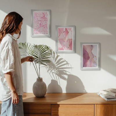 Bilderset mit rahmen Rosa Pfingstrosenblüten, geometrische Muster