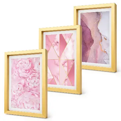 Bilderset mit Rahmen rosa Pfingstrosenblüten mit geometrischem Muster