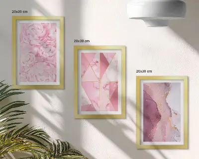 Bilderset mit Rahmen rosa Pfingstrosenblüten mit geometrischem Muster