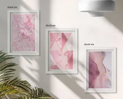 Bilderset mit Rahmen rosa Pfingstrosenblüten mit geometrischem Muster