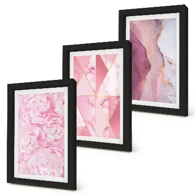 Bilderset mit Rahmen rosa Pfingstrosenblüten mit geometrischem Muster