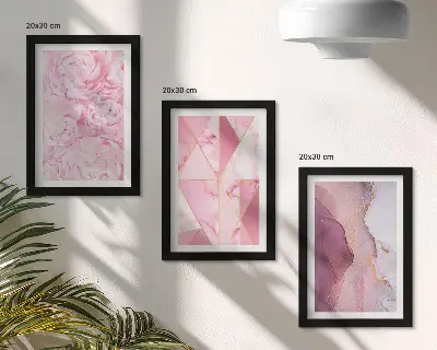 Bilderset mit Rahmen rosa Pfingstrosenblüten mit geometrischem Muster