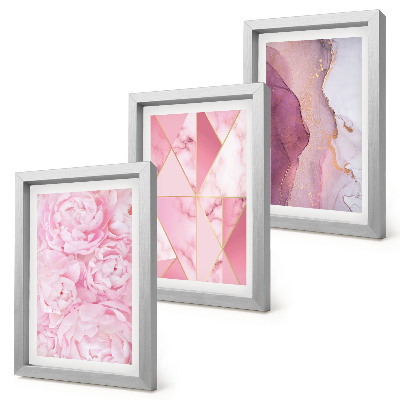 Bilderset mit rahmen Rosa Pfingstrosenblüten, geometrische Muster