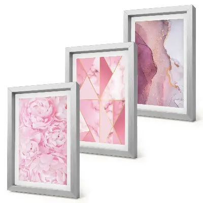 Bilderset mit Rahmen rosa Pfingstrosenblüten mit geometrischem Muster