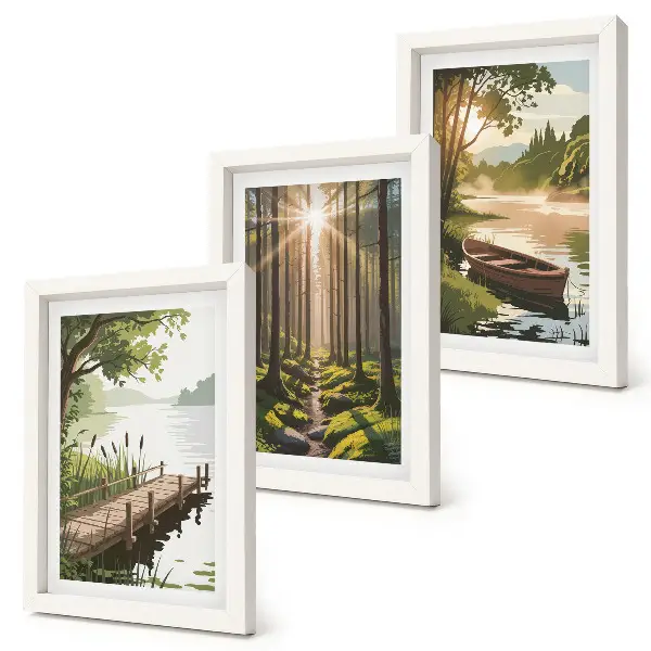 Bilderwand mit friedlicher Wald- und Seelandschaft und einem Boot