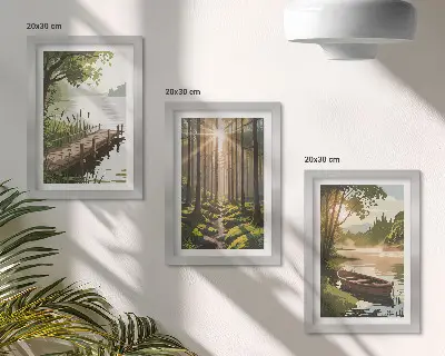 Bilderwand mit friedlicher Wald- und Seelandschaft und einem Boot