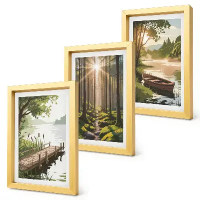 Bilderwand mit friedlicher Wald- und Seelandschaft und einem Boot