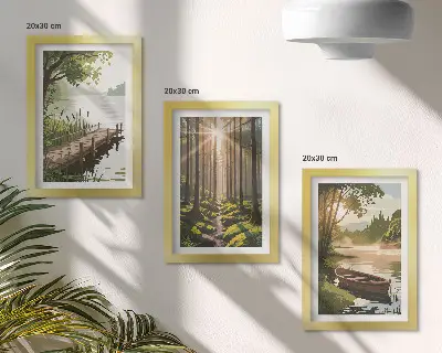 Bilderwand mit friedlicher Wald- und Seelandschaft und einem Boot