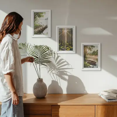 Bilderwand mit friedlicher Wald- und Seelandschaft und einem Boot